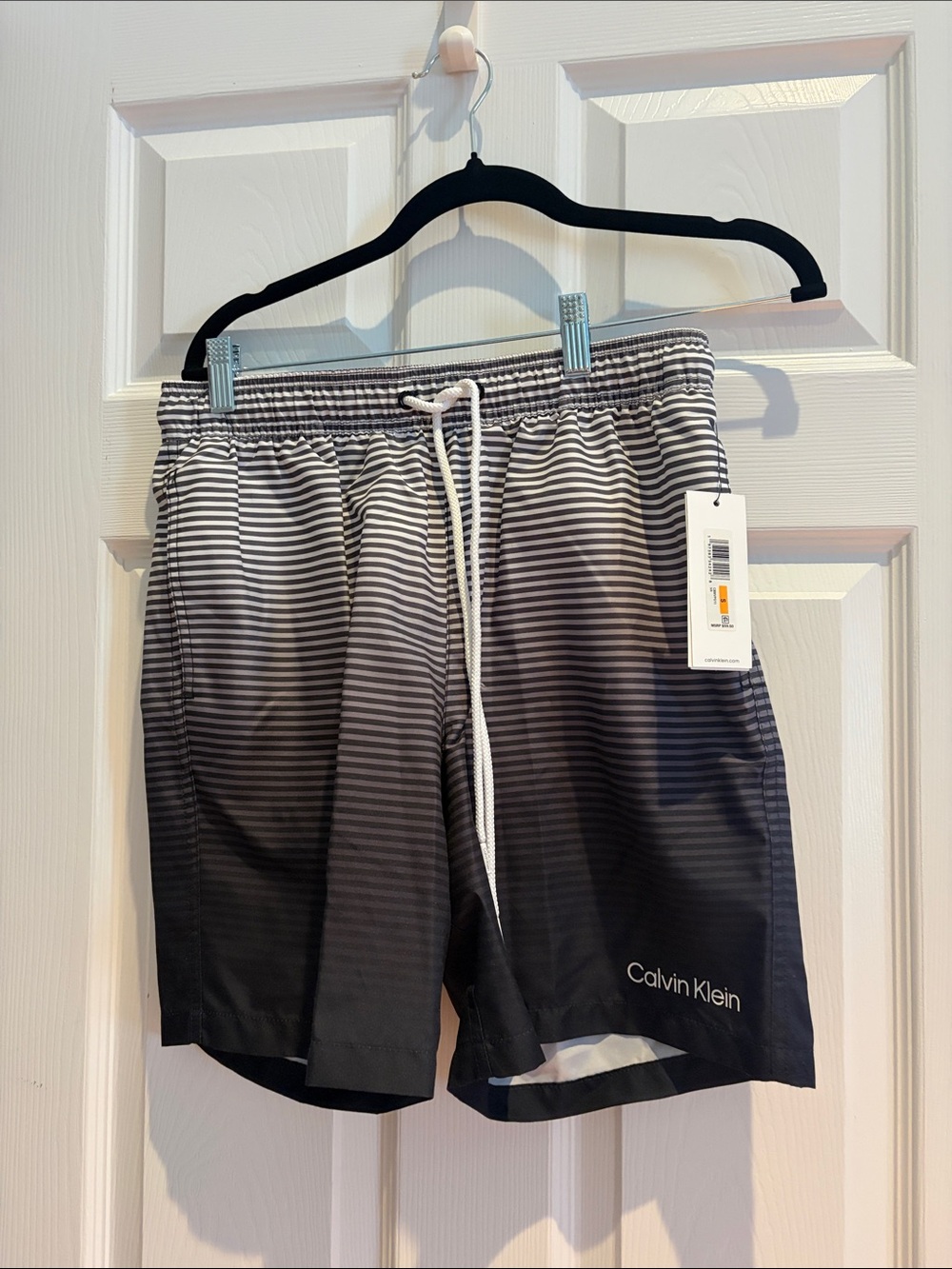 Calvin Klein Black & Gray Ombre Stripe Swim Trunks with White Drawstring